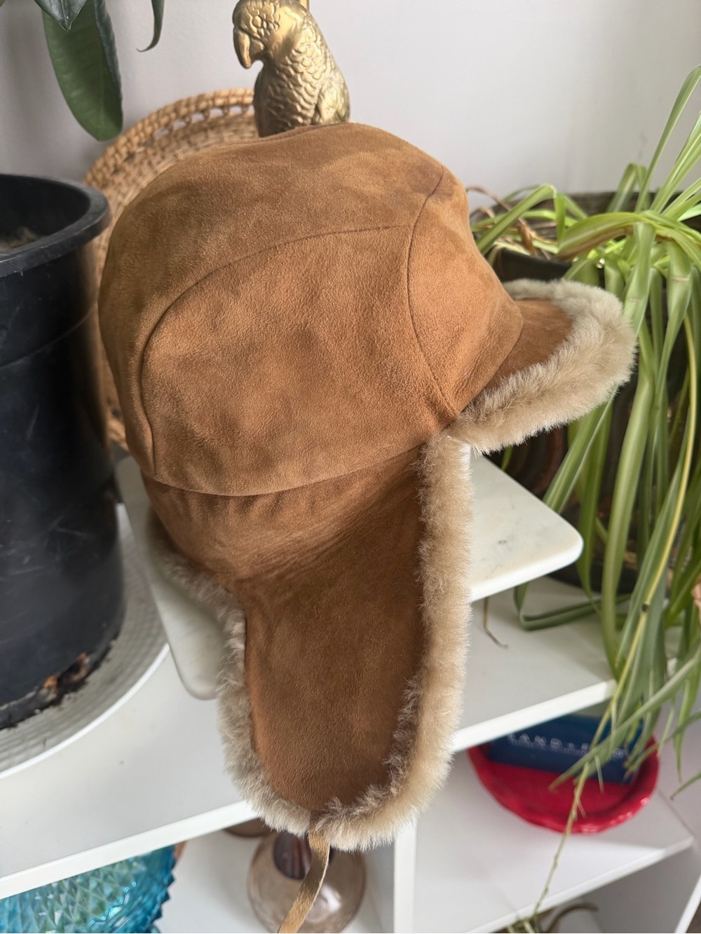 VINTAGE Impercork Paris Cognac Lambskin Mouton Fur Trapper Hat France Sz 7.5